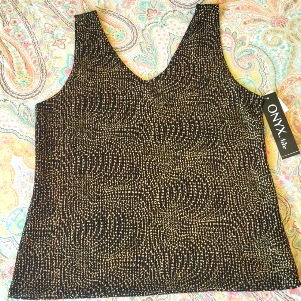ONYX NITES Sparkly Black and Copper Sleeveless V-Neck Top Size Large Stretchy